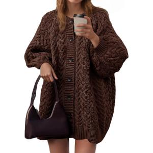 Saodimallsu Womens Cable Knit Cardigans Oversized Chunky Button Down Long Lantern Sleeve Crew Neck Warm Sweater Dress(Coffee)