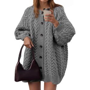 Saodimallsu Womens Cable Knit Cardigans Oversized Chunky Button Down Long Lantern Sleeve Crew Neck Warm Sweater Dress(Gray)