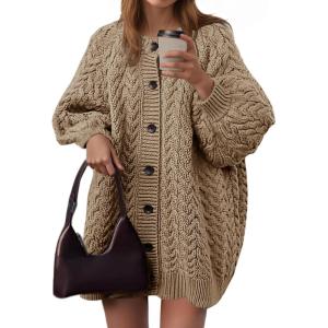 Saodimallsu Womens Cable Knit Cardigans Oversized Chunky Button Down Long Lantern Sleeve Crew Neck Warm Sweater Dress(Khaki)