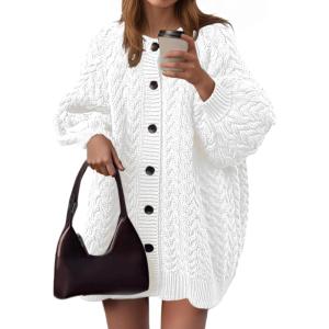 Saodimallsu Womens Cable Knit Cardigans Oversized Chunky Button Down Long Lantern Sleeve Crew Neck Warm Sweater Dress(White)