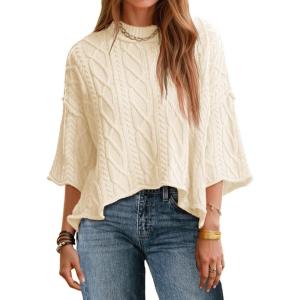 Saodimallsu Womens Cable Knit Cropped Sweaters Oversized 3/4 Sleeve Crew Neck Fall Casual Pullover Tops(Beige)
