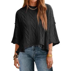 Saodimallsu Womens Cable Knit Cropped Sweaters Oversized 3/4 Sleeve Crew Neck Fall Casual Pullover Tops(Black)