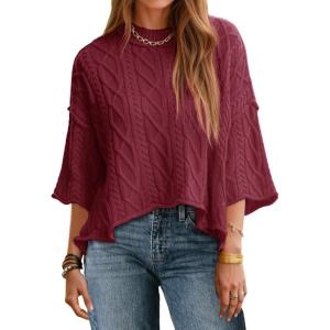 Saodimallsu Womens Cable Knit Cropped Sweaters Oversized 3/4 Sleeve Crew Neck Fall Casual Pullover Tops(Burgundy)