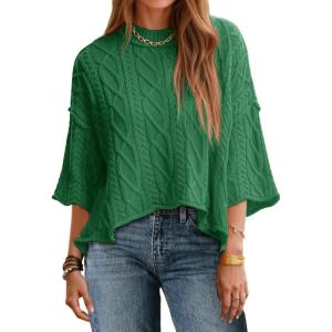 Saodimallsu Womens Cable Knit Cropped Sweaters Oversized 3/4 Sleeve Crew Neck Fall Casual Pullover Tops(Dark Grenn)