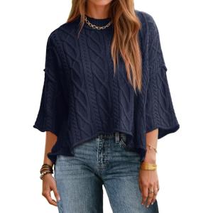 Saodimallsu Womens Cable Knit Cropped Sweaters Oversized 3/4 Sleeve Crew Neck Fall Casual Pullover Tops(Dark Navy)