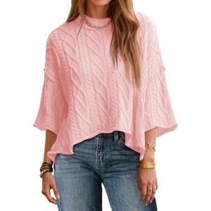 Saodimallsu Womens Cable Knit Cropped Sweaters Oversized 3/4 Sleeve Crew Neck Fall Casual Pullover Tops(Light Pink)