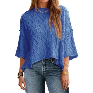 Saodimallsu Womens Cable Knit Cropped Sweaters Oversized 3/4 Sleeve Crew Neck Fall Casual Pullover Tops(Navy Blue)