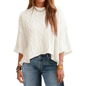 Saodimallsu Womens Cable Knit Cropped Sweaters Oversized 3/4 Sleeve Crew Neck Fall Casual Pullover Tops(White)