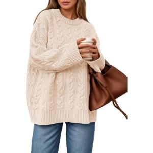 Saodimallsu Womens Cable Knit Sweater Oversized Long Sleeve Chunky Knit Crew Neck Fall Pullover Sweaters Top(Beige)