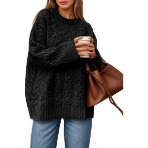 Saodimallsu Womens Cable Knit Sweater Oversized Long Sleeve Chunky Knit Crew Neck Fall Pullover Sweaters Top(Black)
