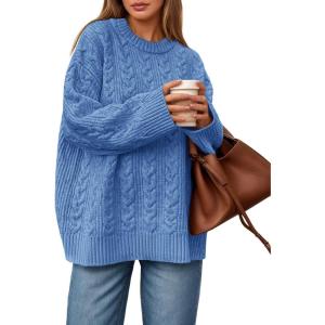 Saodimallsu Womens Cable Knit Sweater Oversized Long Sleeve Chunky Knit Crew Neck Fall Pullover Sweaters Top(Blue)