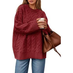 Saodimallsu Womens Cable Knit Sweater Oversized Long Sleeve Chunky Knit Crew Neck Fall Pullover Sweaters Top(Burgundy)
