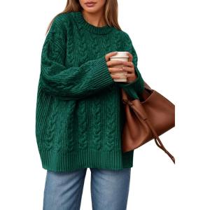 Saodimallsu Womens Cable Knit Sweater Oversized Long Sleeve Chunky Knit Crew Neck Fall Pullover Sweaters Top(Dark Green)