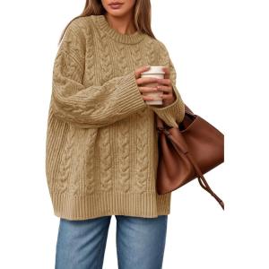 Saodimallsu Womens Cable Knit Sweater Oversized Long Sleeve Chunky Knit Crew Neck Fall Pullover Sweaters Top(Khaki)