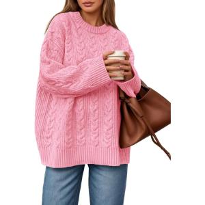 Saodimallsu Womens Cable Knit Sweater Oversized Long Sleeve Chunky Knit Crew Neck Fall Pullover Sweaters Top(Pink)