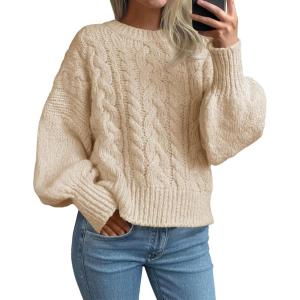 Saodimallsu Womens Cable Knit Sweaters Chunky Crew Neck Long Lantern Sleeve Casual Loose Fit Fall Trendy Pullover Tops(Beige)