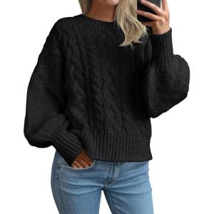 Saodimallsu Womens Cable Knit Sweaters Chunky Crew Neck Long Lantern Sleeve Casual Loose Fit Fall Trendy Pullover Tops(Black)