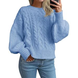 Saodimallsu Womens Cable Knit Sweaters Chunky Crew Neck Long Lantern Sleeve Casual Loose Fit Fall Trendy Pullover Tops(Blue)