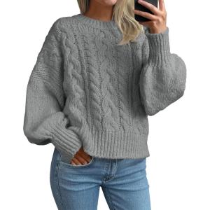 Saodimallsu Womens Cable Knit Sweaters Chunky Crew Neck Long Lantern Sleeve Casual Loose Fit Fall Trendy Pullover Tops(Gray)