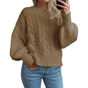 Saodimallsu Womens Cable Knit Sweaters Chunky Crew Neck Long Lantern Sleeve Casual Loose Fit Fall Trendy Pullover Tops(Khaki)