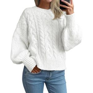 Saodimallsu Womens Cable Knit Sweaters Chunky Crew Neck Long Lantern Sleeve Casual Loose Fit Fall Trendy Pullover Tops(White)