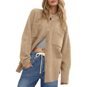 Saodimallsu Womens Collared Cardigans Button Down Fall Sweater Jackets Oversized Casual Long Sleeve Knit Shirts(Apricot)