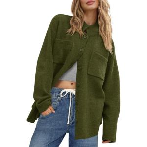 Saodimallsu Womens Collared Cardigans Button Down Fall Sweater Jackets Oversized Casual Long Sleeve Knit Shirts(Army Green)