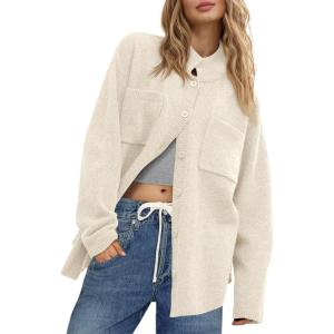 Saodimallsu Womens Collared Cardigans Button Down Fall Sweater Jackets Oversized Casual Long Sleeve Knit Shirts(Beige)