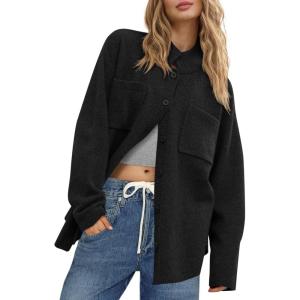 Saodimallsu Womens Collared Cardigans Button Down Fall Sweater Jackets Oversized Casual Long Sleeve Knit Shirts(Black)
