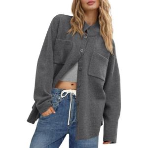 Saodimallsu Womens Collared Cardigans Button Down Fall Sweater Jackets Oversized Casual Long Sleeve Knit Shirts(Dark Gray)