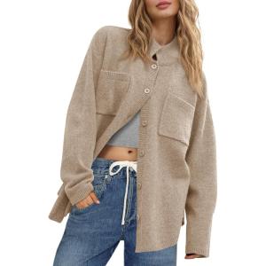Saodimallsu Womens Collared Cardigans Button Down Fall Sweater Jackets Oversized Casual Long Sleeve Knit Shirts(Khaki)