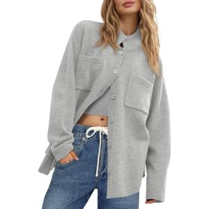Saodimallsu Womens Collared Cardigans Button Down Fall Sweater Jackets Oversized Casual Long Sleeve Knit Shirts(Light Gray)