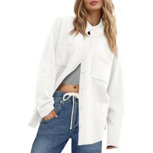 Saodimallsu Womens Collared Cardigans Button Down Fall Sweater Jackets Oversized Casual Long Sleeve Knit Shirts(White)