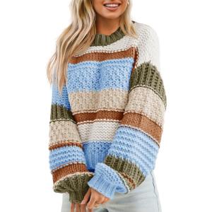 Saodimallsu Womens Color Block Sweater Striped Chunky Knit Cropped Sweaters Crewneck Fall Long Sleeve Loose Pullover Tops(Blue)