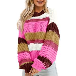 Saodimallsu Womens Color Block Sweater Striped Chunky Knit Cropped Sweaters Crewneck Fall Long Sleeve Loose Pullover Tops(Bright Pink)