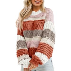Saodimallsu Womens Color Block Sweater Striped Chunky Knit Cropped Sweaters Crewneck Fall Long Sleeve Loose Pullover Tops(Brown)