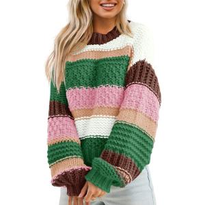 Saodimallsu Womens Color Block Sweater Striped Chunky Knit Cropped Sweaters Crewneck Fall Long Sleeve Loose Pullover Tops(Dark Green)