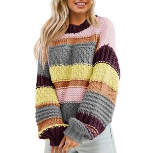 Saodimallsu Womens Color Block Sweater Striped Chunky Knit Cropped Sweaters Crewneck Fall Long Sleeve Loose Pullover Tops(Gray)