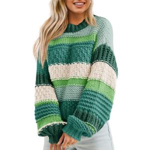 Saodimallsu Womens Color Block Sweater Striped Chunky Knit Cropped Sweaters Crewneck Fall Long Sleeve Loose Pullover Tops(Green)