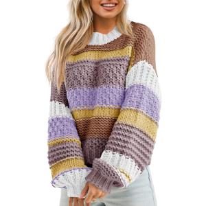 Saodimallsu Womens Color Block Sweater Striped Chunky Knit Cropped Sweaters Crewneck Fall Long Sleeve Loose Pullover Tops(Khaki)