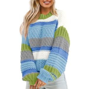 Saodimallsu Womens Color Block Sweater Striped Chunky Knit Cropped Sweaters Crewneck Fall Long Sleeve Loose Pullover Tops(Light Blue)