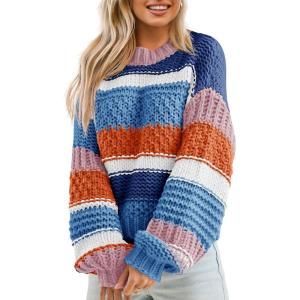 Saodimallsu Womens Color Block Sweater Striped Chunky Knit Cropped Sweaters Crewneck Fall Long Sleeve Loose Pullover Tops(Navy)
