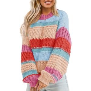 Saodimallsu Womens Color Block Sweater Striped Chunky Knit Cropped Sweaters Crewneck Fall Long Sleeve Loose Pullover Tops(Orange Pink)