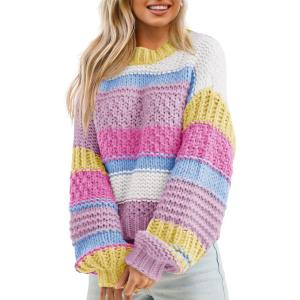 Saodimallsu Womens Color Block Sweater Striped Chunky Knit Cropped Sweaters Crewneck Fall Long Sleeve Loose Pullover Tops(Pink)