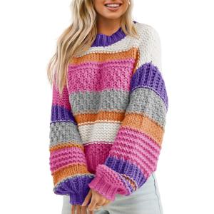 Saodimallsu Womens Color Block Sweater Striped Chunky Knit Cropped Sweaters Crewneck Fall Long Sleeve Loose Pullover Tops(Rose)