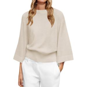 Saodimallsu Womens Crew Neck Batwing Sweaters 3/4 Sleeve Soft Knit Dressy Casual Loose Fit Fall Sweater Tops(Apricot)