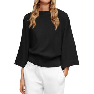 Saodimallsu Womens Crew Neck Batwing Sweaters 3/4 Sleeve Soft Knit Dressy Casual Loose Fit Fall Sweater Tops(Black)