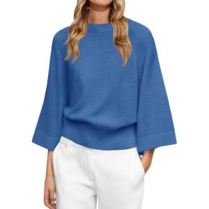 Saodimallsu Womens Crew Neck Batwing Sweaters 3/4 Sleeve Soft Knit Dressy Casual Loose Fit Fall Sweater Tops(Blue)