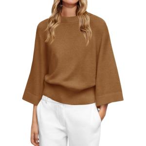 Saodimallsu Womens Crew Neck Batwing Sweaters 3/4 Sleeve Soft Knit Dressy Casual Loose Fit Fall Sweater Tops(Brown)