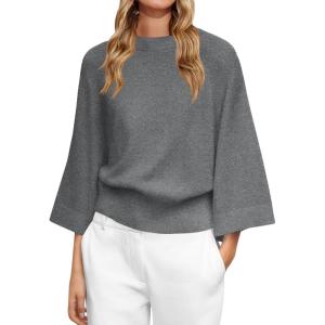 Saodimallsu Womens Crew Neck Batwing Sweaters 3/4 Sleeve Soft Knit Dressy Casual Loose Fit Fall Sweater Tops(Dark Gray)